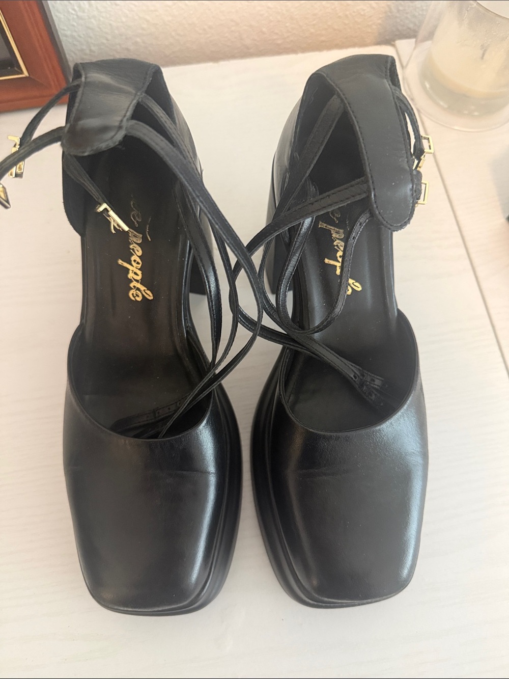 Free People Mary Jane’s Black Square-Toe Platform 3 Ankle-Strap Heels
